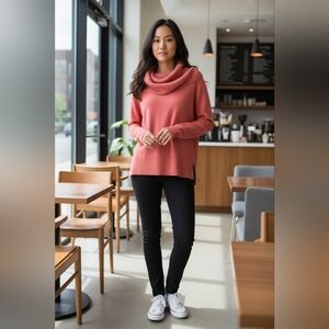 Cable & Gauge Cowl Neck Sweater in Coral